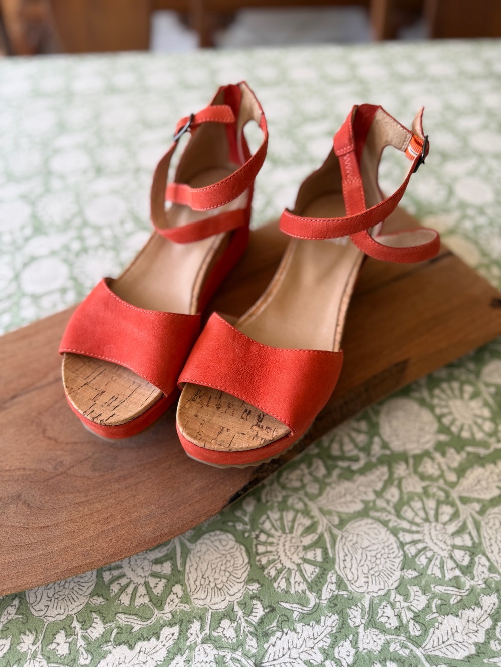 Eileen Fisher Coral Red Cork Wedge Sandals